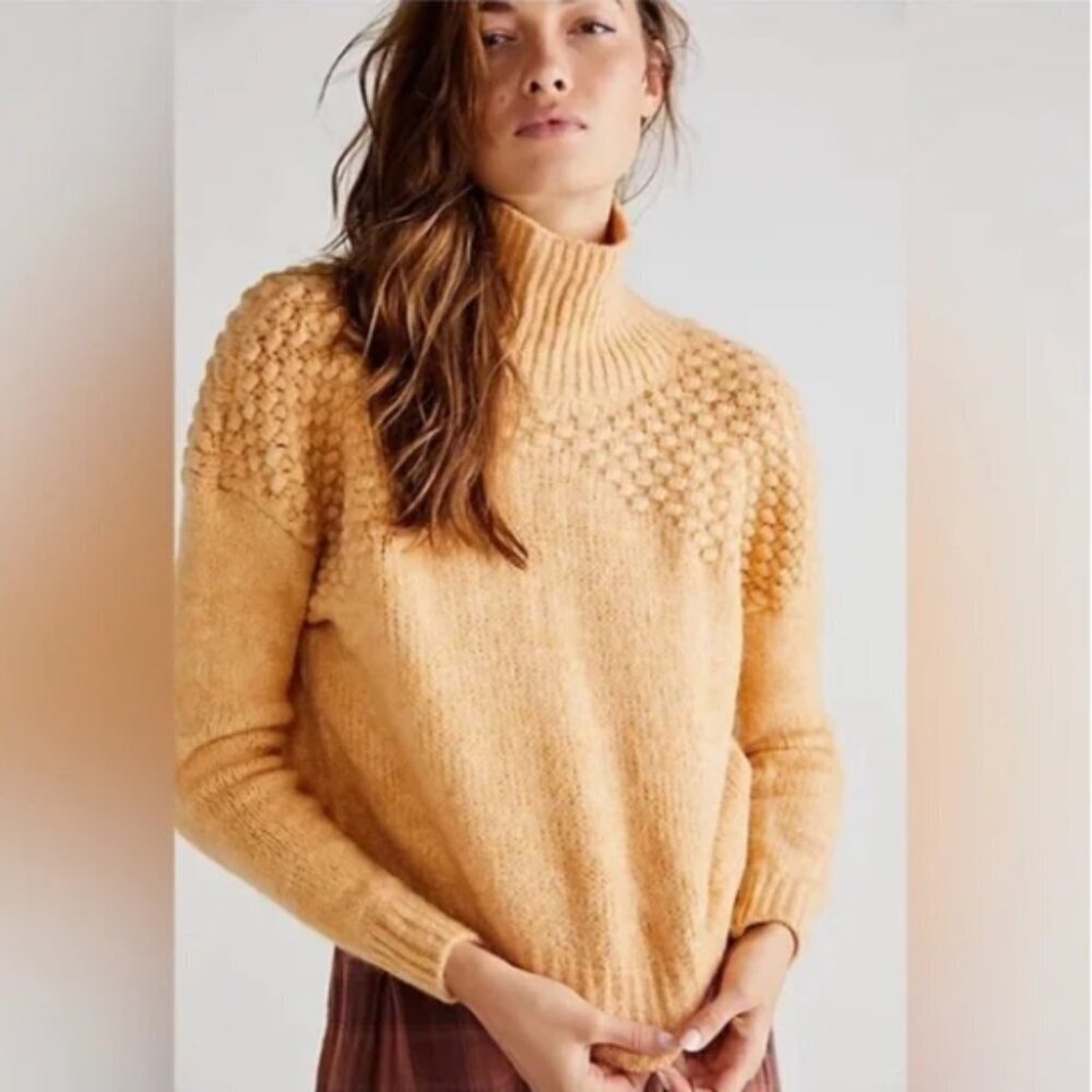 Free People Bradley Pullover Camel Heather Turtleneck Sweater Bubble Mock neck